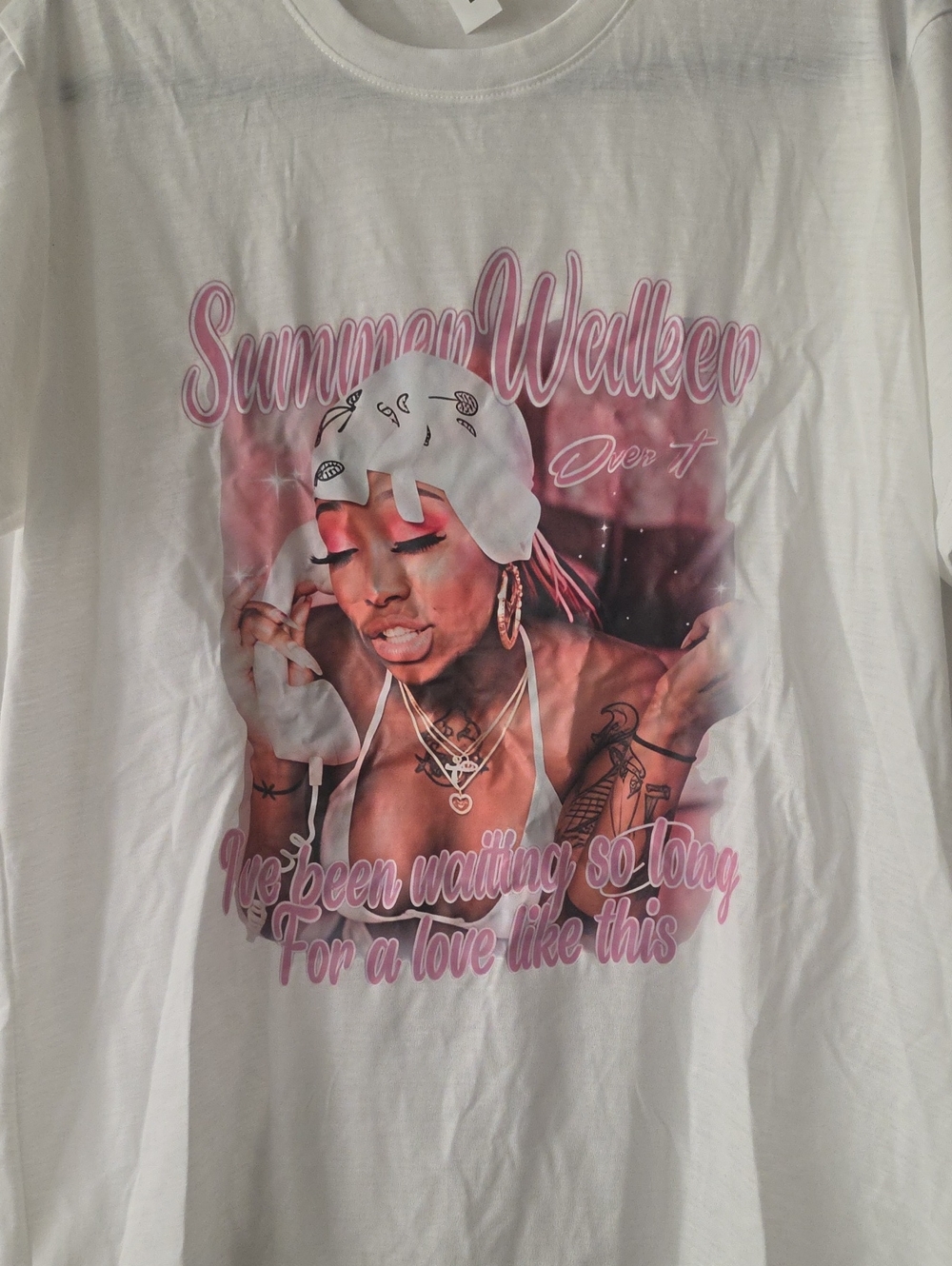 White Graphic Tee with Pink Script "Summer Walker"